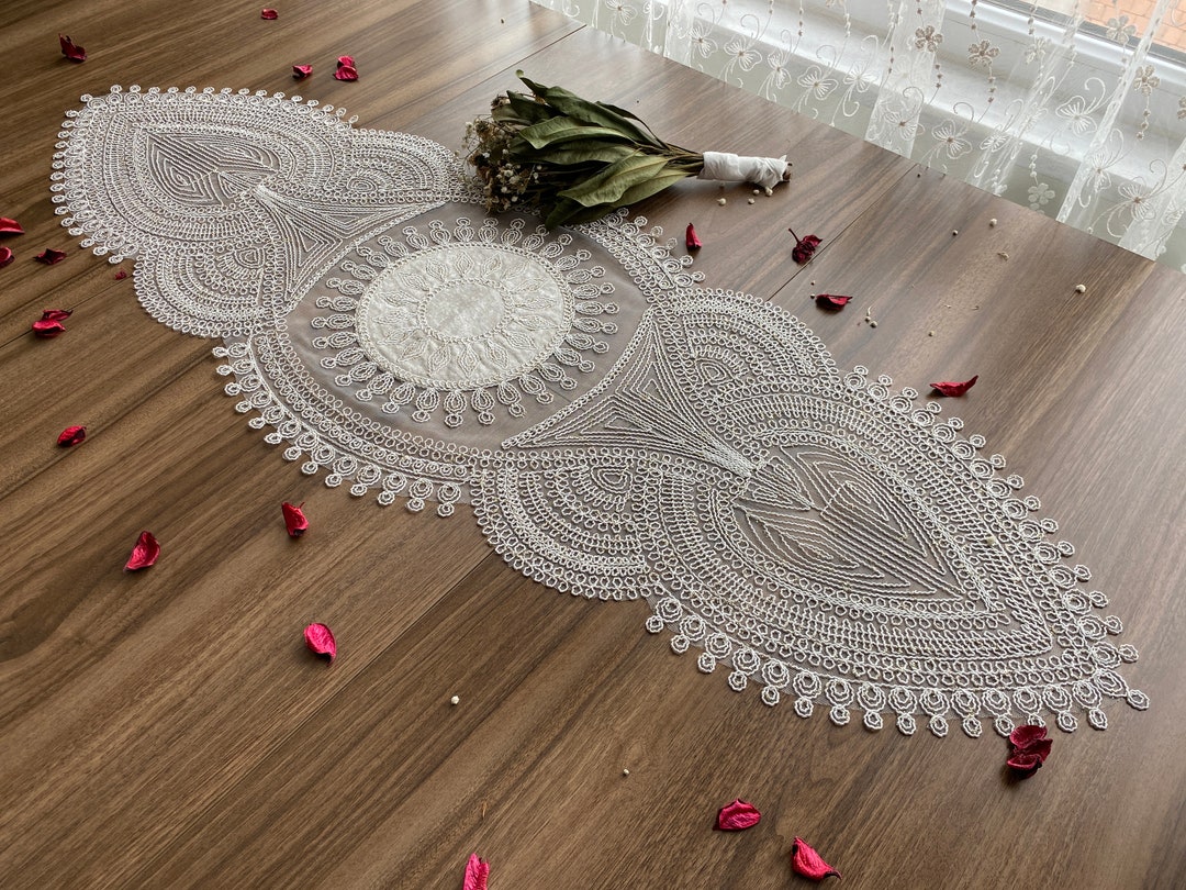 Cream Chanderi Woven Table Mat With Lace main image 0