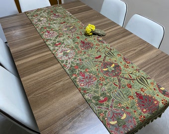 Green Tulip Design Turkish Table Runner, Boho Table Runner For Wedding, Table Runner, Home Decor, Farmhouse Decoration,  RNR495