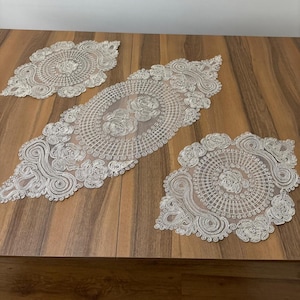 Elegant Beige Embroidered Lace Table Runner and Doilies with Vintage Floral Swirl Pattern for Tabletop or Living Room Decor