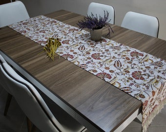 Off-White Turkish  Table Cloth Runner, Carnation Design Floral Boho Table Runner For Wedding,Burgundy Table Cover,Coffee Table Runner,RNR178