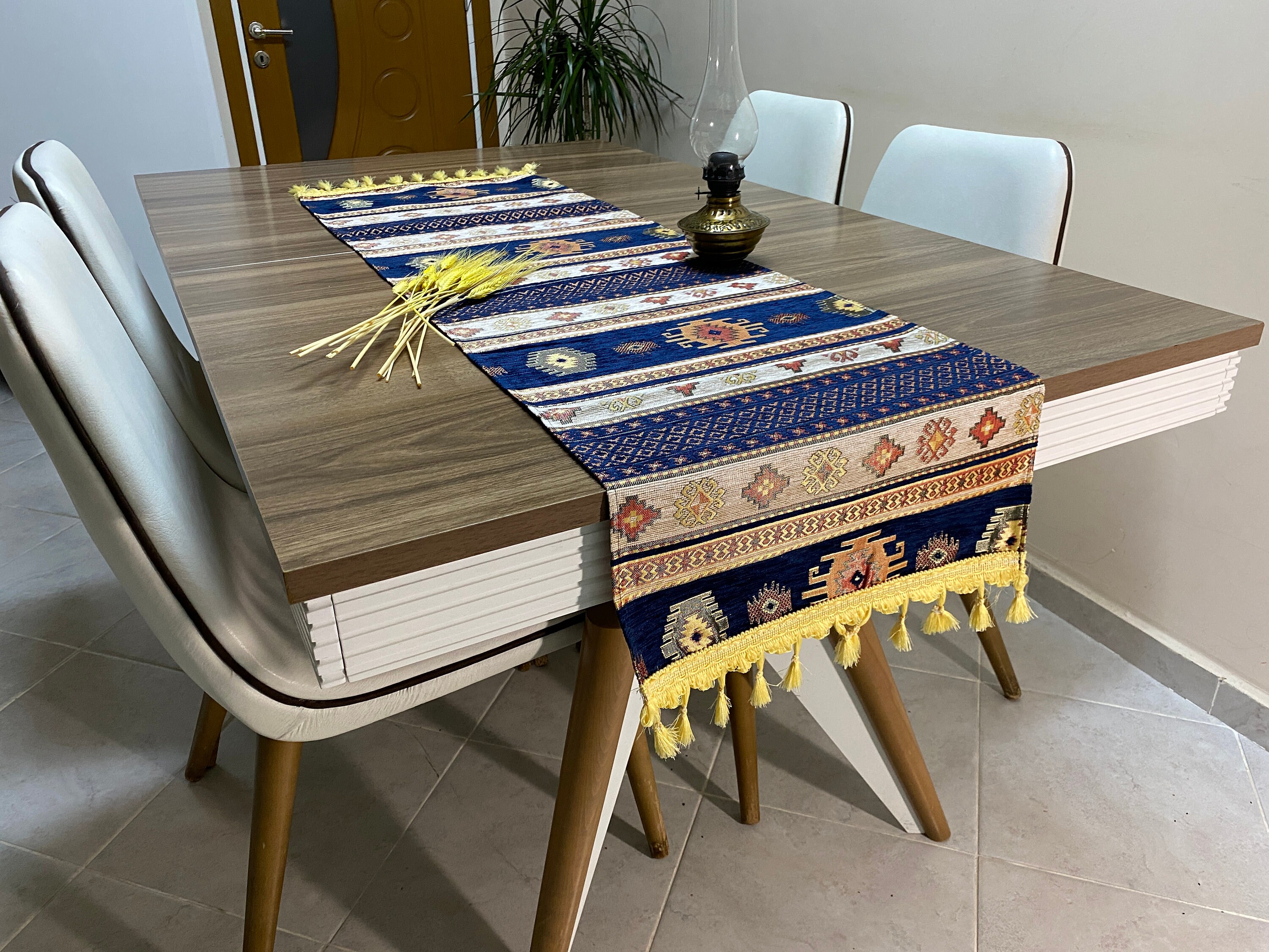 Dark Blue Kilim Pattern Turkish Coffee Table Cloth Runner, Aztec