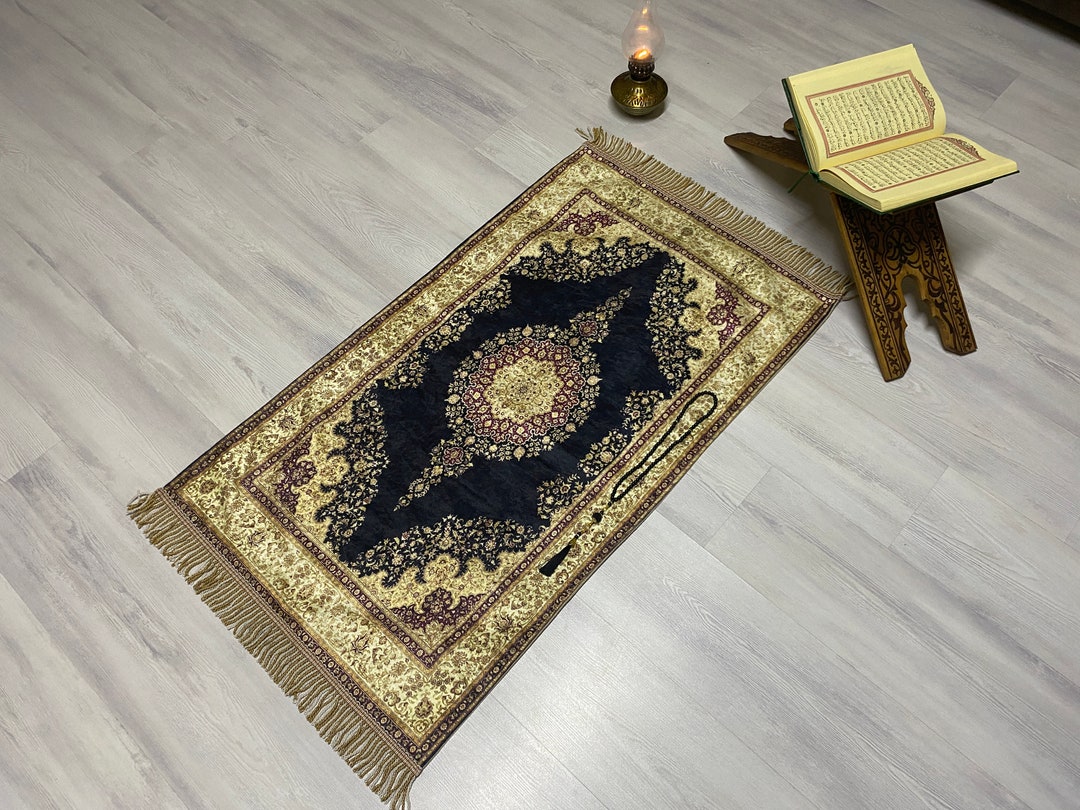 Dark Blue Prayer Mat, Prayer Mat With Tasbeh, Turkish Prayer Mat