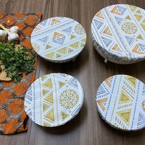 Set Of 4 Adjustable Dish and Bowl Cover, Geometric Print, Eco-Friendly Bowl Cover, Reusable Zero Waste Cotton Cover, Cooks Gift, BC138-SET