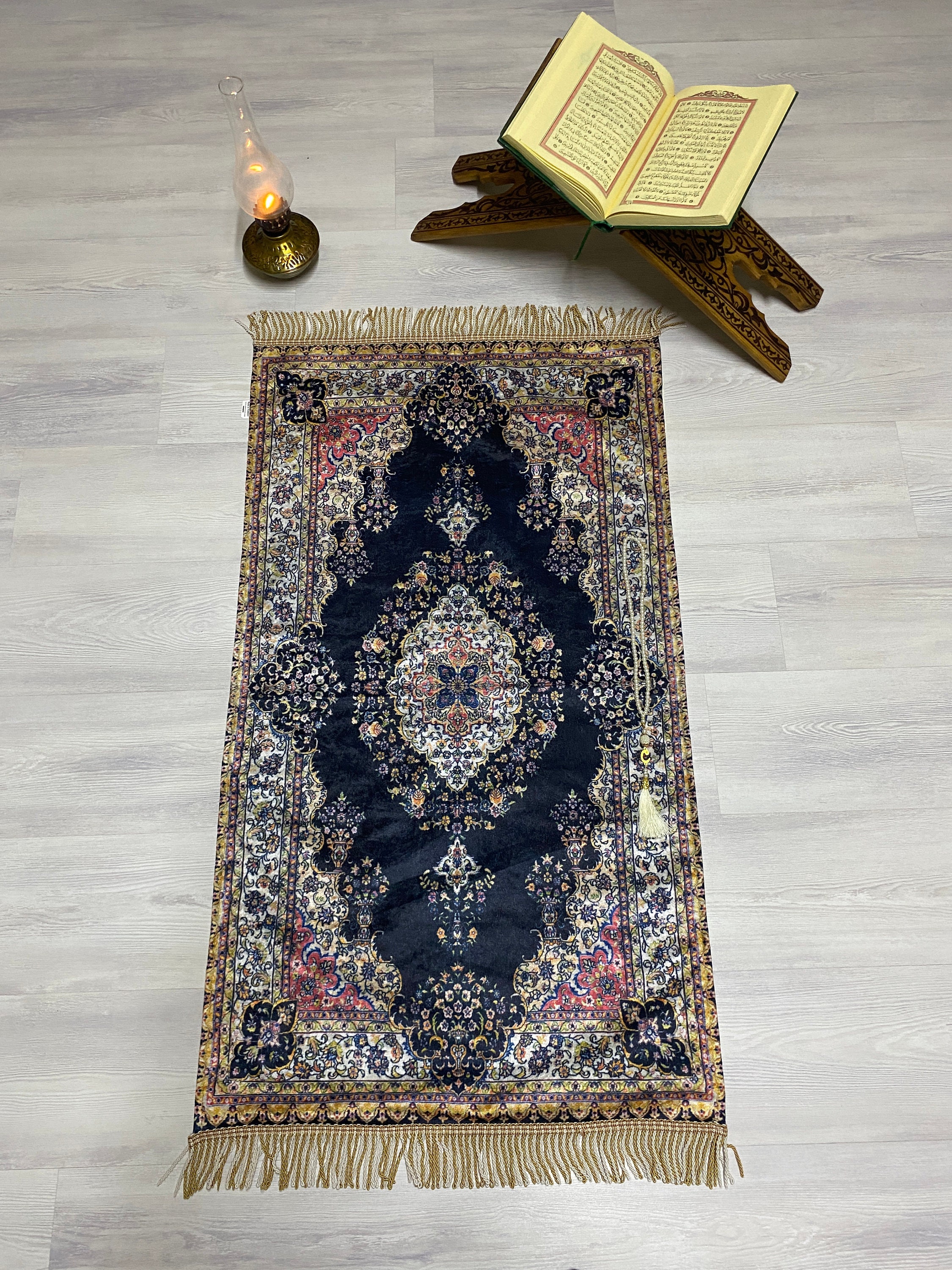 Dark Blue Prayer Mat With Tasbeeh Prayer Bohemian Rug Etsy UK