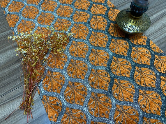 Orange Peacock Tail Pattern Turkish Coffee Table Cloth Runner