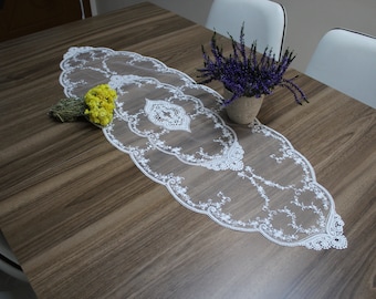 White French Lace Table Runner, Vintage Style French Tablecloth For Wedding Table, Vintage Table Linens, Rustic Table Runner,    LC126
