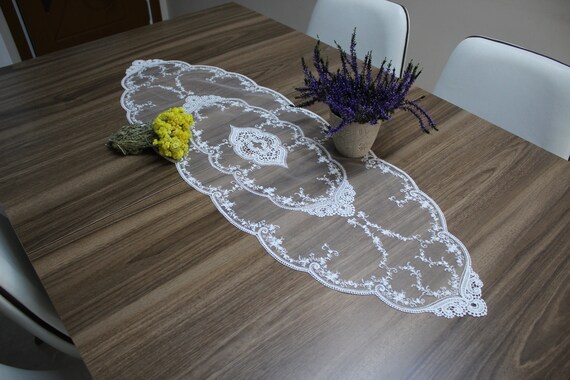 Weißer Französischer Tischläufer, Vintage Style Französische Tischdecke Für Hochzeitstisch, Vintage Tischwäsche, Rustikaler Tischläufer, LC126