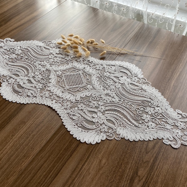 Cream French Lace Table Runner, Vintage Style French Shabby chic For Wedding Table, Rustic Lace Runner, Elegant Table Runner,  LC252