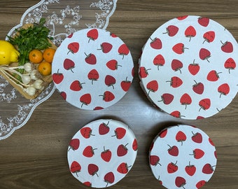 Set Of 4 Adjustable Dish and Bowl Cover, Strawberry Print, Eco-Friendly Bowl Cover, Reusable Zero Waste Cotton Cover, BC144-SET
