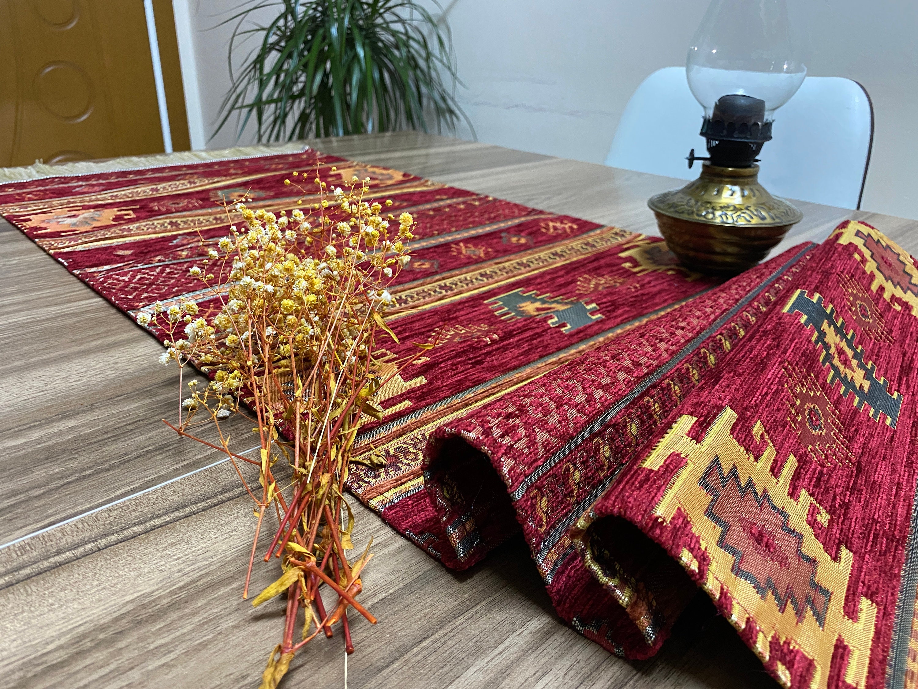 Burgundy Turkish Table Cloth Runner Mustard Boho Table Runner Etsy
