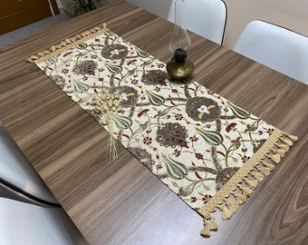 Crème tulp patroon mini Turkse salontafel stof loper, Home Boho bruiloft oosterse tafelloper, diner tafelloper, € 328,-