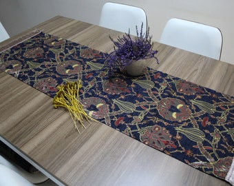 Black Turkish  Table Cloth Runner, Tulip Design  Floral Boho Table Runner For Wedding, Yellow Table Cover, Shelf Decor,   RNR161