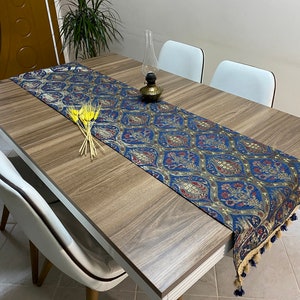 Runner da tavola turco con motivo a tulipano blu scuro, decorazioni da tavola da matrimonio lungo Boho, runner da tavola rustico con garofano grigio, RNR372