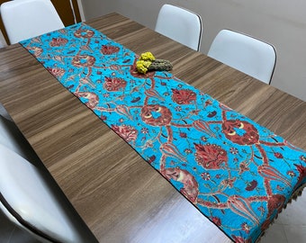Turquoise Tulip Design Turkish Table Runner, Boho Table Runner For Wedding, Farmhouse Gift, Home Decor, Farmhouse Decoration,  RNR542