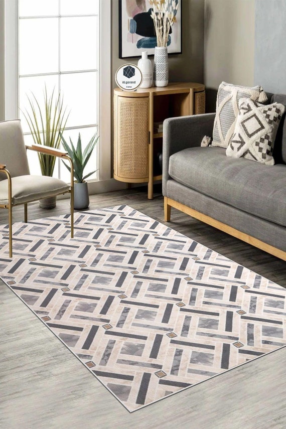 Boho-inspirierter Teppich Läufer: Beige-grau gemustert, rutschfest, haustierfreundlich, leicht zu reinigen für Wohnzimmer und Flur - ALGGRIKARELI