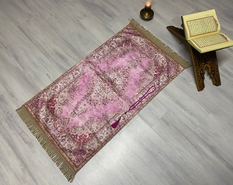 Pink Prayer Mat With Tasbeeh, Prayer Bohemian Rug, Turkish Prayer