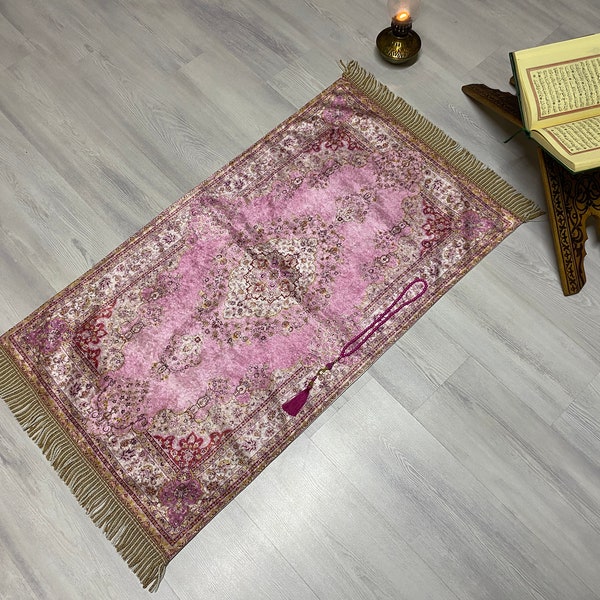 Pink Prayer Mat with Tasbeeh, Prayer Bohemian Rug, Turkish Prayer Rug,Muslim Janamaz, Namaz Rug, Musallah, Islamic Gift, RNR471