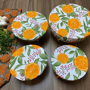 Set Of 4 Adjustable Dish and Bowl Cover,Orange Print, Eco-Friendly Bowl Cover,Reusable Zero Waste Cotton Cover, BC134-SET