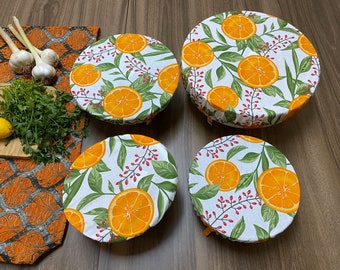 Set Of 4 Adjustable Dish and Bowl Cover,Orange Print, Eco-Friendly Bowl Cover,Reusable Zero Waste Cotton Cover, BC134-SET