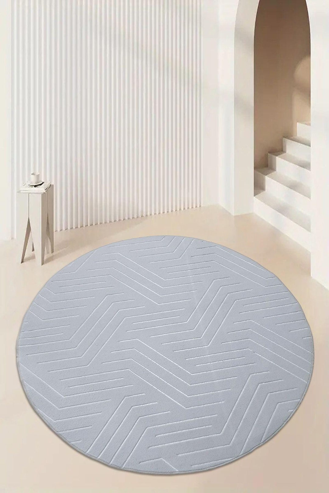 Custom Size Grey Geometric Pattern Runner, Round Rug, Non-slip and ...