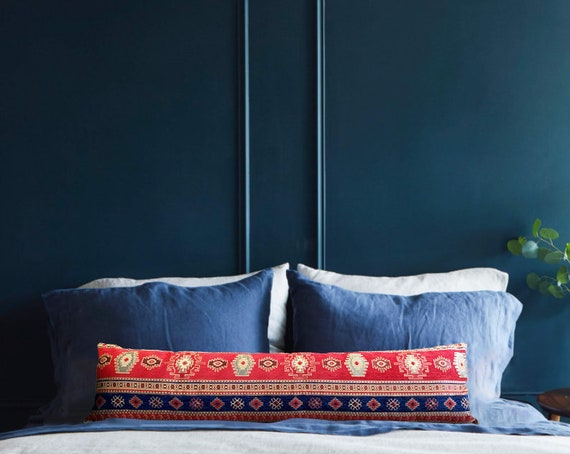 12 X 48 Oversized Lumbar Pillow Red and Blue Cushion Cover