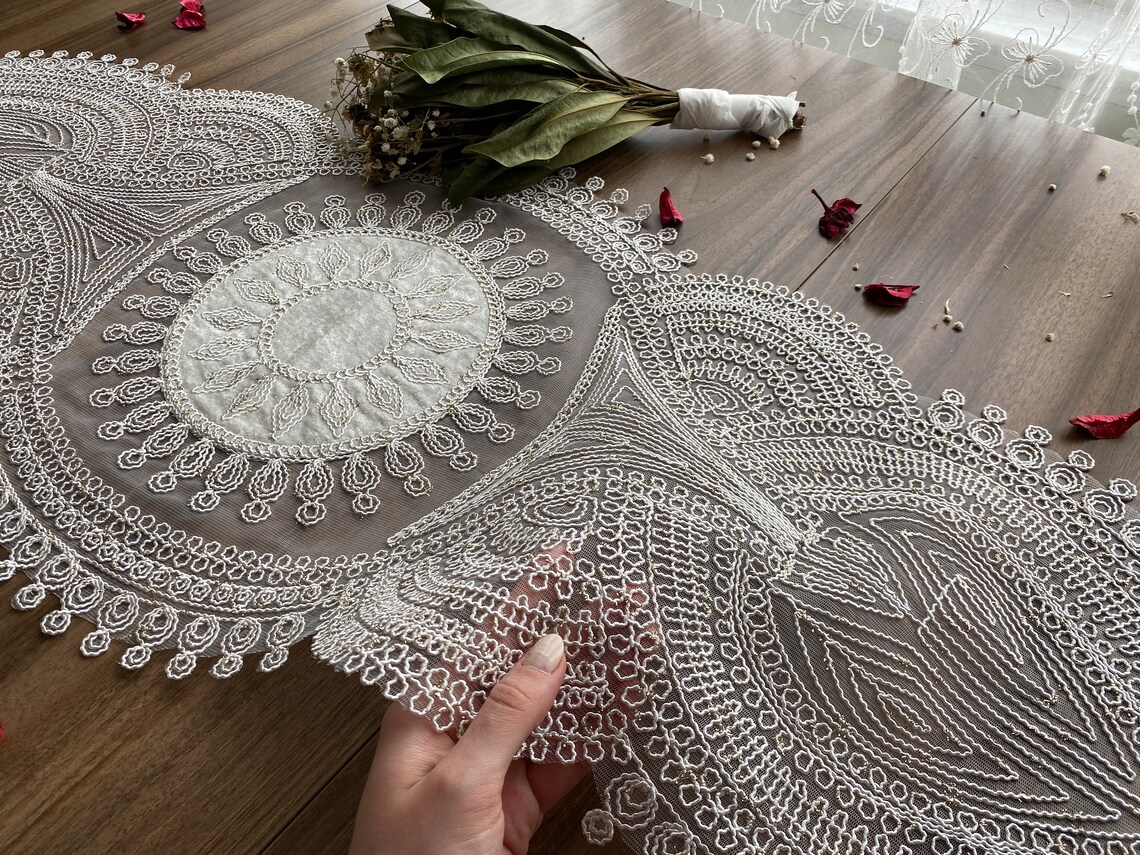 Cream Chanderi Woven Table Mat With Lace main image 1
