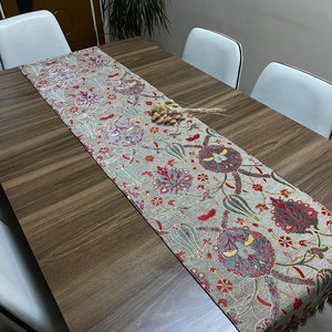 Khaki Tulip Design Turkish Table Runner, Boho Table Runner Pour Mariage, Ottoman Home Decor, Décoration De Ferme, RNR498