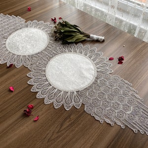 Cream French Lace Velvet Table Runner, Delicate French Lace Table Runner For Wedding Table, Table Decoration, Organizations, Weddings, LC181