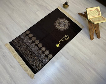 Kaaba Hz Abraham Black Prayer Mat, Sejadah Prayer Mat with Tasbeeh,Muslim Wedding Gift, Prayer Rug, Muslim Janamaz, Islamic Gift, RNR540