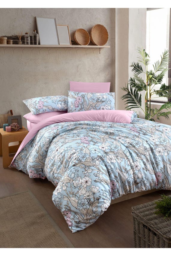 ブルー - ピンクの花柄寝具セット - シングル掛け布団カバー、フィット