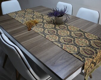 Mustard Turkish  Table Cloth Runner, Tulip Design Floral Boho Table Runner For Wedding, Green Table Cover,Coffee Table Runner,RNR184