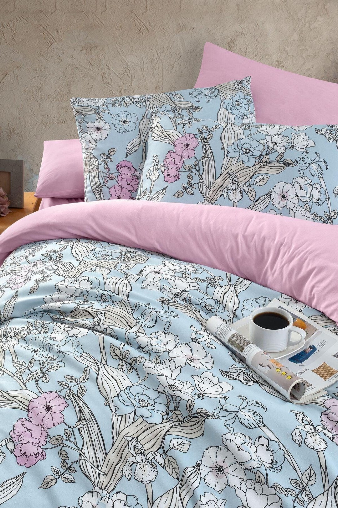ブルー - ピンクの花柄寝具セット - シングル掛け布団カバー、フィット