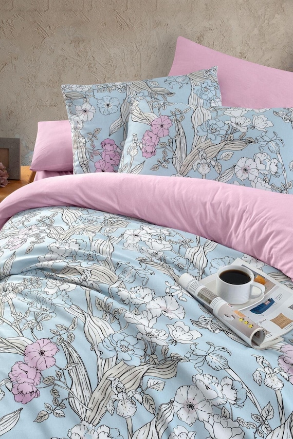 ブルー - ピンクの花柄寝具セット - シングル掛け布団カバー、フィット