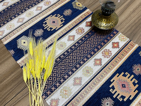 Dark Blue Kilim Pattern Turkish Coffee Table Cloth Runner, Aztec