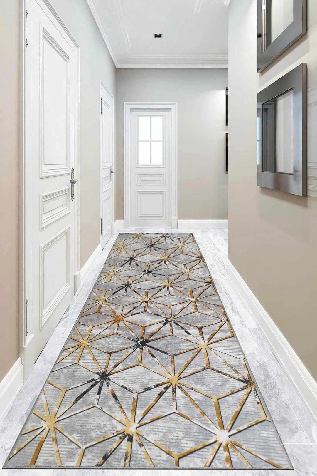 Luxury Geometric Runner: Gold and Gray Pattern, Non-slip, Custom Sizes ...