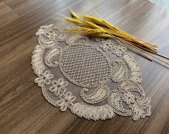 ヴィンテージラウンドドイリー/コットンモスリンベール/刺繍刺繍レース