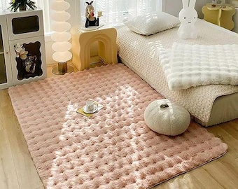 Soft Pink Plush Grid Rug for Bedroom or Nursery, Anti-Slip Decorative Carpet for Kids Room, Living Room or Reading Nook