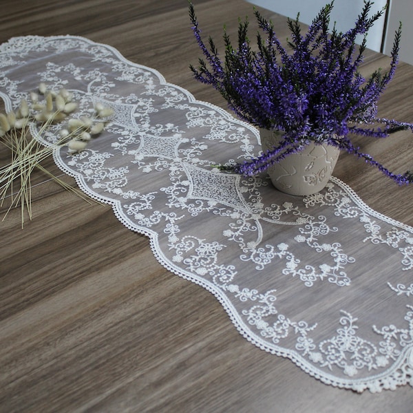 Cream French Lace Table Runner, Vintage Style French Tablecloth For Wedding Table, Vintage Runner, Christmas Table, Thanksgiving Table,LC130