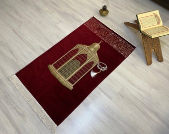 Kaaba Hz Abraham  Burgundy Prayer Mat, Sejadah Prayer Mat with Tasbeeh,Muslim Wedding Gift, Prayer Rug, Muslim Janamaz, Islamic Gift, RNR539