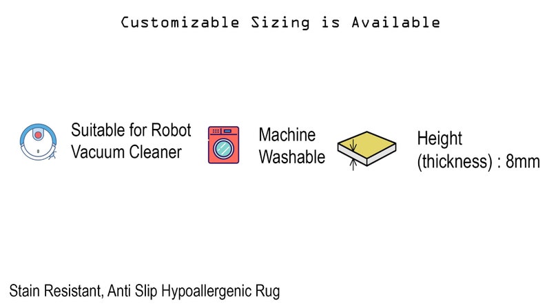May include: A yellow rug with a height of 8mm. The rug is stain resistant, anti-slip, and hypoallergenic. It is suitable for robot vacuum cleaners and is machine washable.