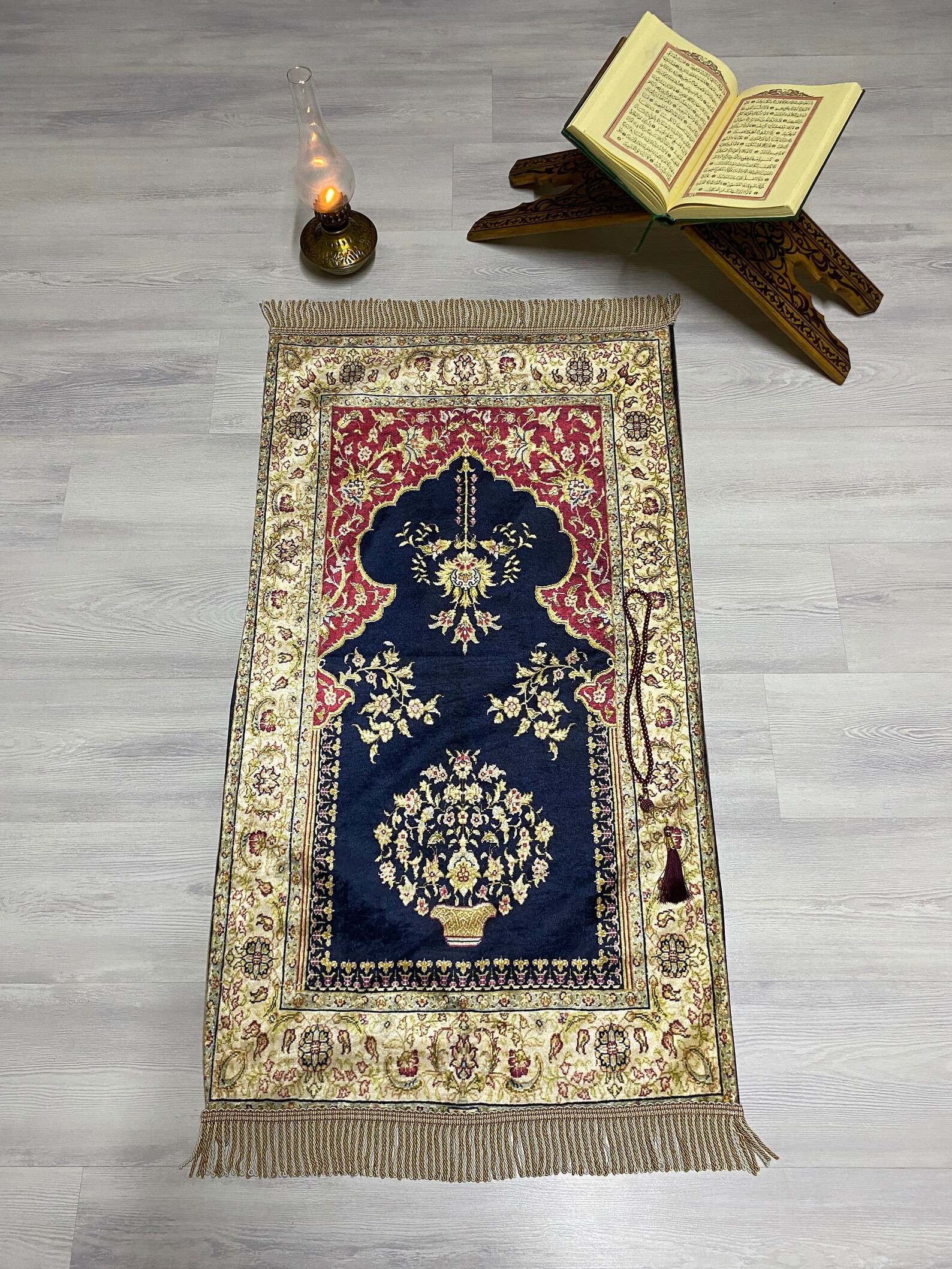 Dark Blue Flowers Prayer Mat Prayer Mat With Tasbeeh Prayer Etsy
