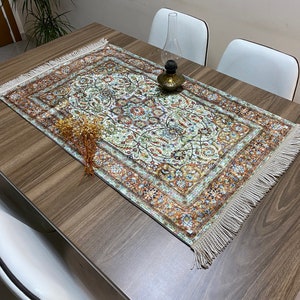 Turkos islamisk unik muslimsk bönematta, bröllopspresent, krämfärgad boho väggdekoration, orientalisk bordslöpare, matbordslöpare, RNR360
