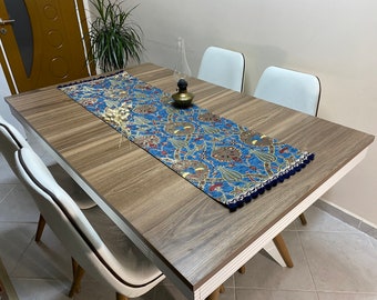 Denim Blue Turkish Table Cloth Runner, Table Runner, Tulip Table Runner, Turkish Table Cloth, Table Cloth with Tassel, RNR228