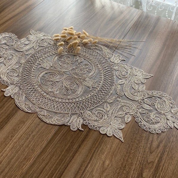 Cappuccino French Lace Table Runner, Vintage Style French Shabby chic For Wedding Table, Rustic Lace Runner, Elegant Table Runner,  LC255