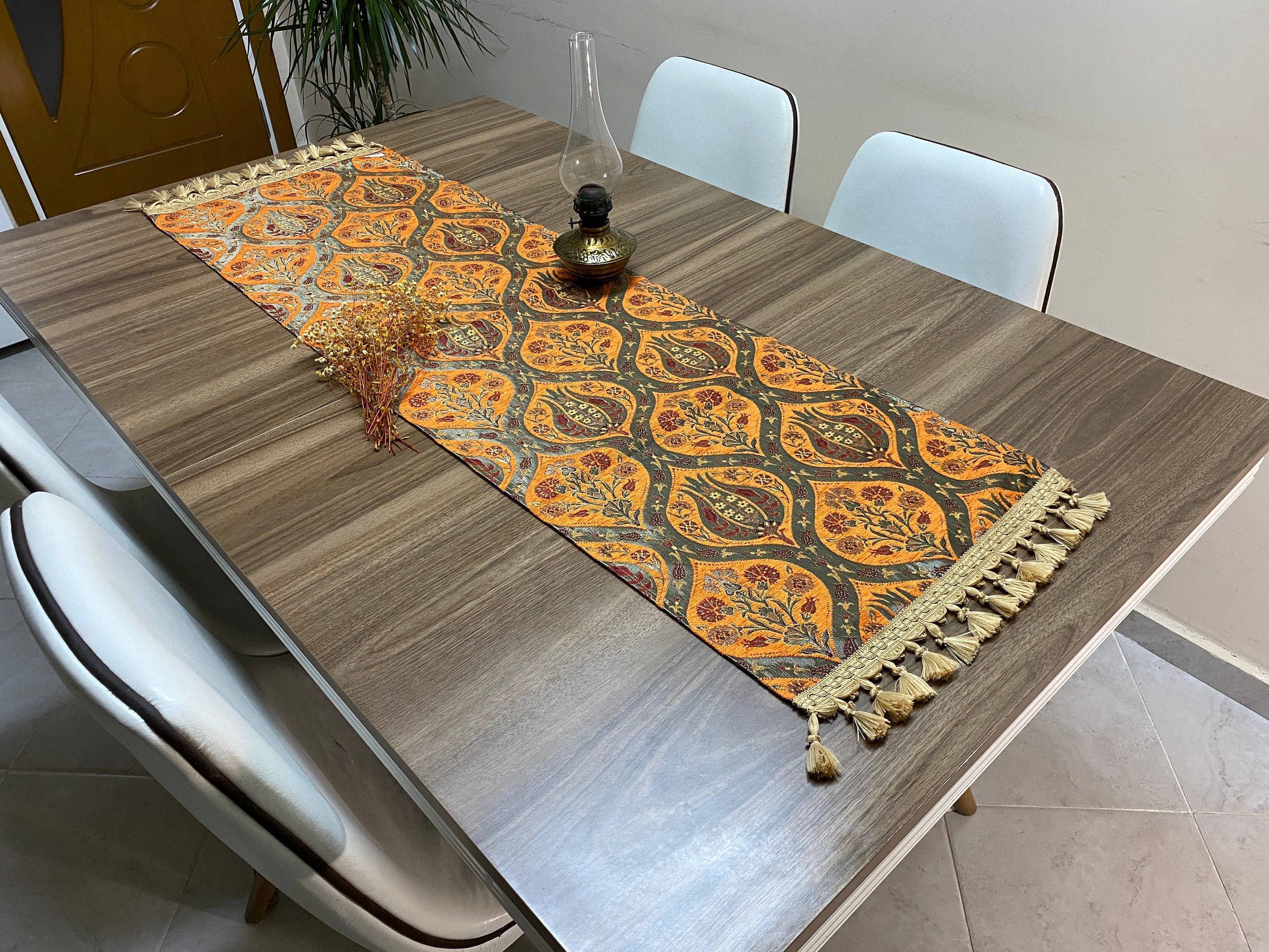 Orange Tulip Pattern Turkish Coffee Table Cloth Runner, Carnation