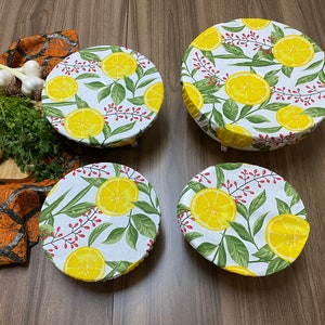 Set Of 4 Adjustable Dish and Bowl Cover, Lemon Print, Eco-Friendly Bowl Cover,Reusable Zero Waste Cotton Cover, BC133-SET