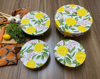 Set Of 4 Adjustable Dish and Bowl Cover, Lemon Print, Eco-Friendly Bowl Cover,Reusable Zero Waste Cotton Cover, BC133-SET