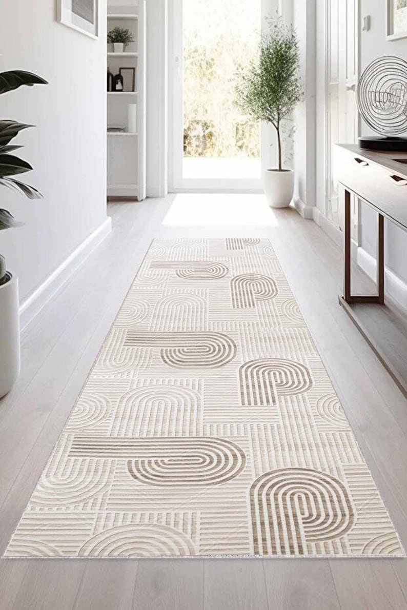 Contemporary Pattern Runner Rugs Modern Arched Line Pattern Runner Rug – Non Slip Beige Washable Carpet ...