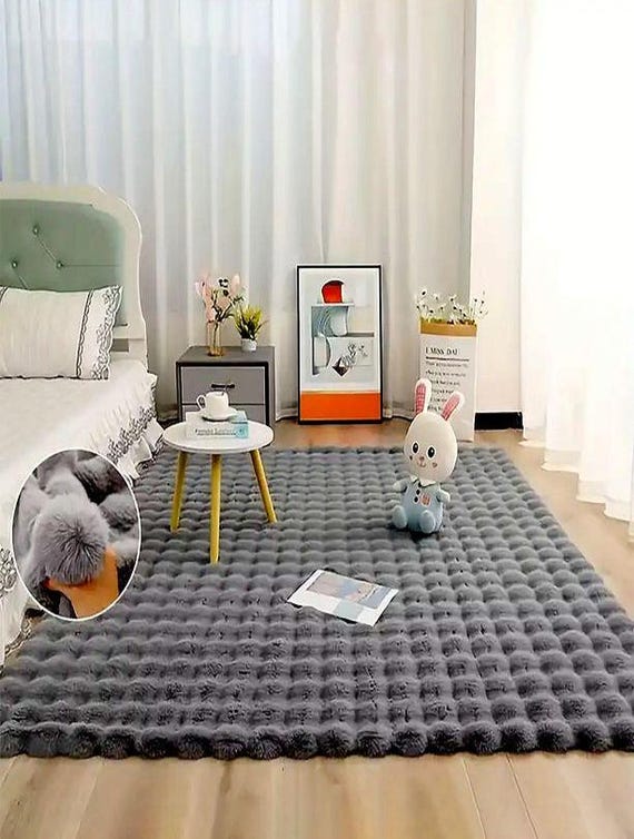 Dark Gray Grid Plush Rug for Living Room, Ultra Soft Textured Carpet with Anti-Slip Bottom for Bedroom or Kids Room Decor