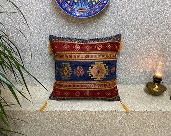 Decorative Navajo Kilim Style Cushion, Blue Red Abstract Geometric Design, 17"x17" (44cm) Square, 100% Chenille, Double Sided, CSH105